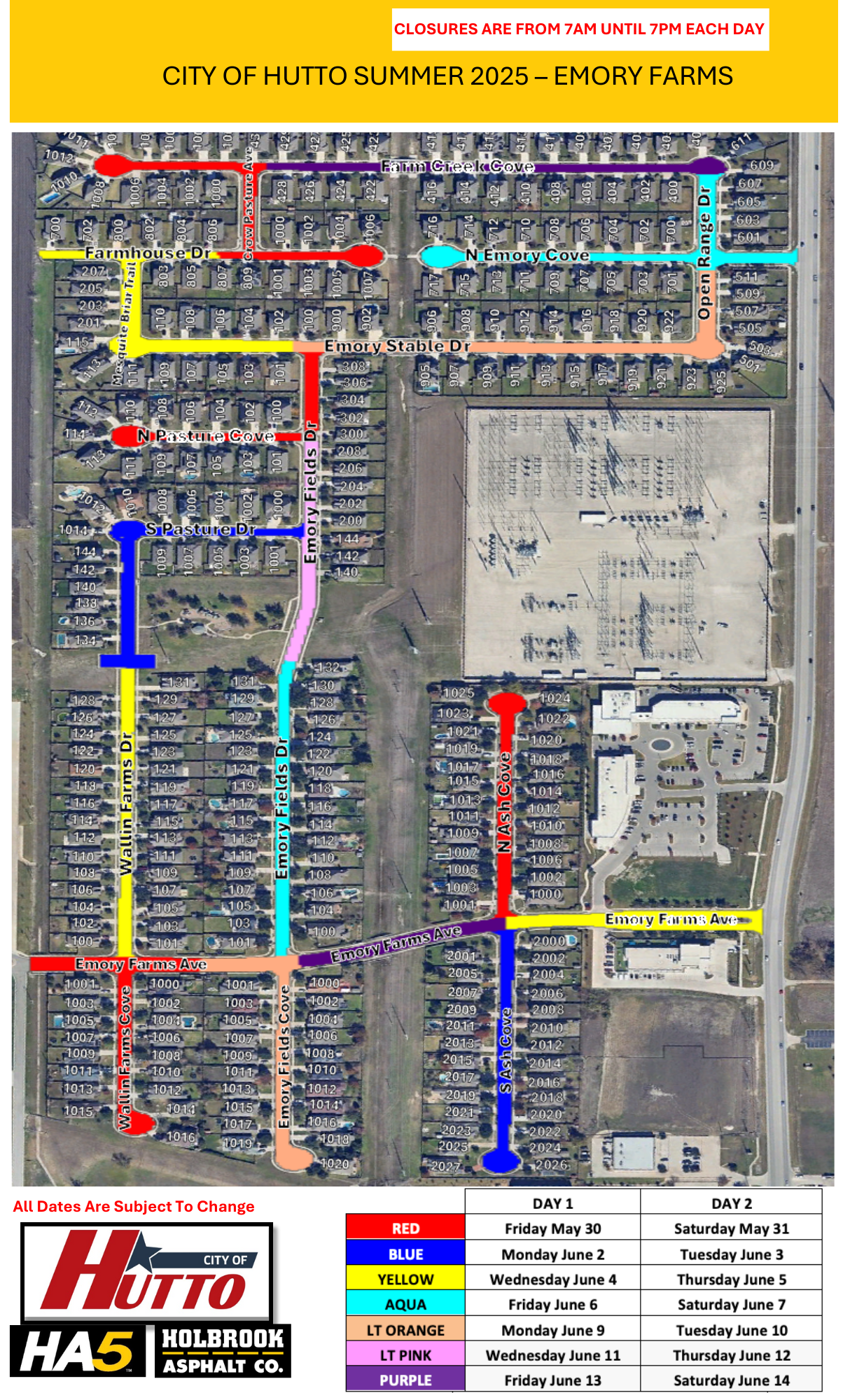 Map of Emory Farms HA5 Project. Street Closures are subject to change. Refer to table below for more information.